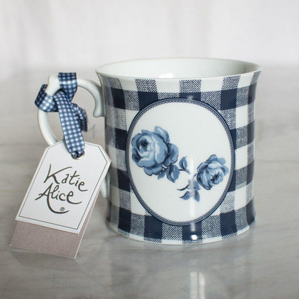 KATIE ALICE VINTAGE INDIGO GINGHAM FLORAL TANKARD MUG