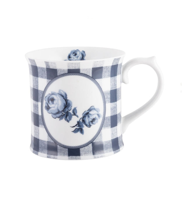 KATIE ALICE VINTAGE INDIGO GINGHAM FLORAL TANKARD MUG