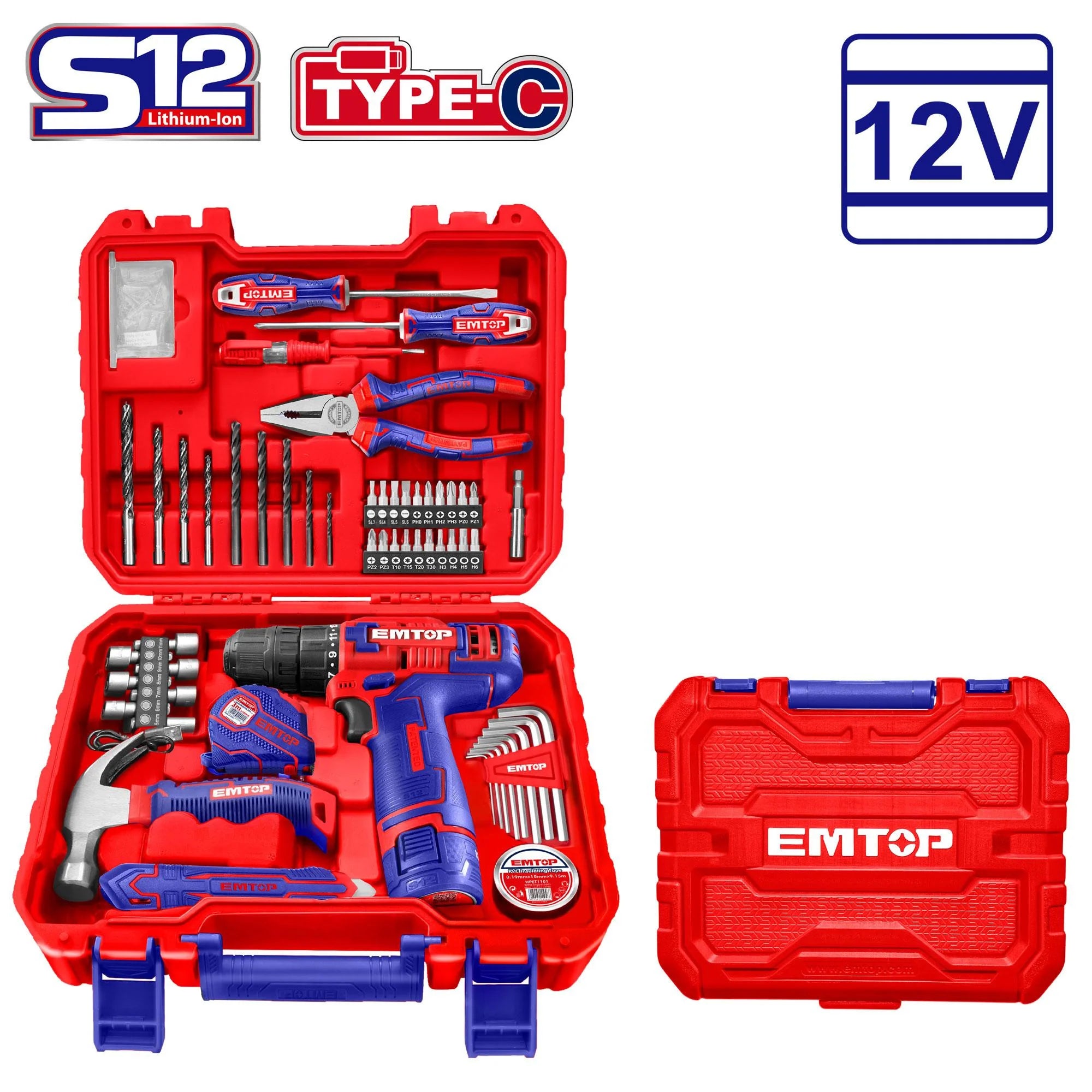 مجموعة أدوات منزلية من إيمتوب، 96 قطعة، مع مثقاب لاسلكي 12V | EMTOP
