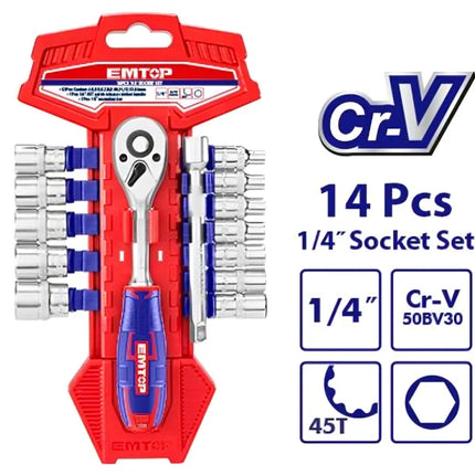 طقم مفاتيح مقبس 1/4 بوصة – 14 قطعة – EMTOP ESKT14141