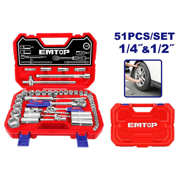 طقم مقابس 51 قطعة (1/4 إنش و1/2 إنش) EMTOP ESKT42511 | EMTOP طقم مقابس 51 قطعة (1/4 إنش و1/2 إنش) EMTOP ESKT42511 | EMTOP