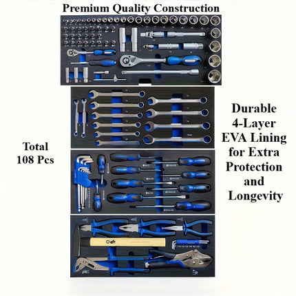 صندوق عدة يدوية – 108 قطعة مع صندوق أدراج فولاذي متعدد الطبقات