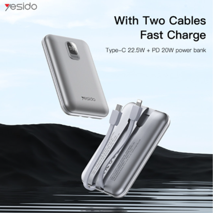 باوربانك Yesido YP48 بسعة 10000mAh – شحن سريع 22.5W مع كابل مدمج وشاشة LED