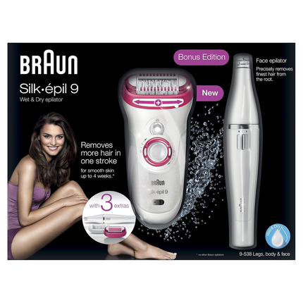 ماكينة براون 2 في 1 لإزالة الشعر مع ماكينة خاصة للوجه و3 رؤوس إضافية ماركة Braun Silk-épil 9
