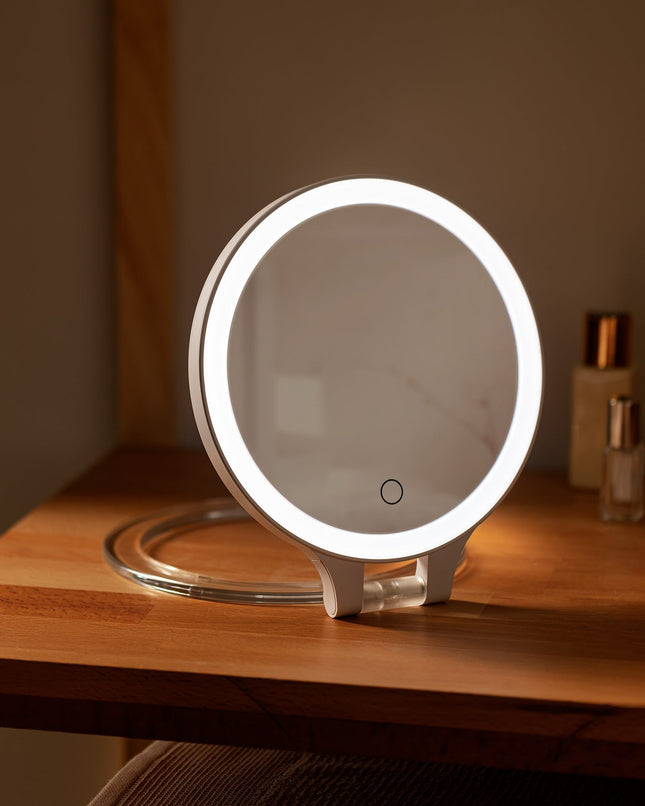 Double-sided makeup mirror with magnification - white
