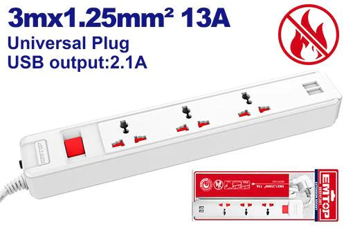 صلة كهرباء MK بثلاث مداخل و2 منفذ USB بطول 3 متر  EMTOP EEST313U01