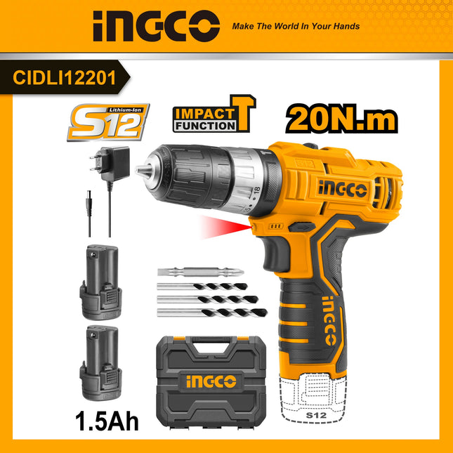 دريل شحن 12 فولت مع  بطارية مع ريش وراسية من INGCO
