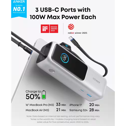 باوربانك Anker 25000mAh بقوة 165W – شاحن لابتوب سريع مع كابلات USB-C مدمجة