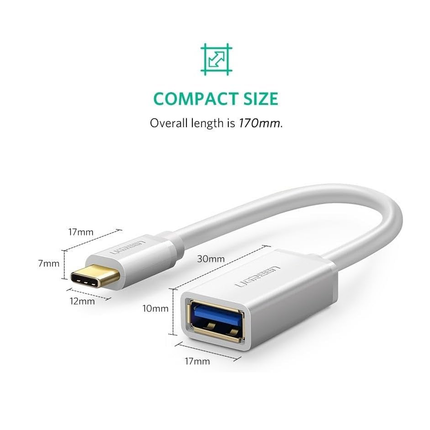 كابل OTG USB-C ذكر إلى USB 3.0 أنثى من UGREEN بطول 15 سم (أبيض) 30702