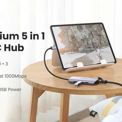محول USB-C إلى 3xUSB-A3.0 بسرعة تصل إلى 5 جيجابت في الثانية + مدخل جيجا ايثرنت + منفذ طاقة مايكرو يو اس بي / 60718