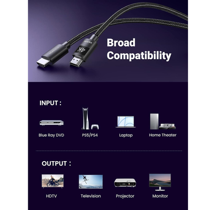 كابل HDMI 2.0 مضفر من يوجرين - HDMI 2.0 4K أسود (HD119)