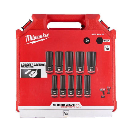 سيت لقم مفتاح ربط Milwaukee ½″ Drive SHOCKWAVE Deep Impact (10 قطع)