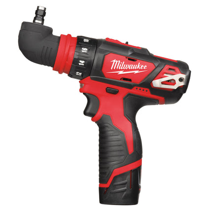 درل شحن 12 فولت متعدد الرؤوس من الزاويه والجوزه مع بطاريتين 2 امبير وشاحن M12BDDXKIT-202C Milwaukee