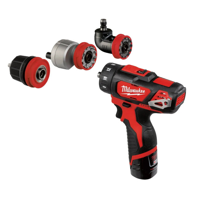 درل شحن 12 فولت متعدد الرؤوس من الزاويه والجوزه مع بطاريتين 2 امبير وشاحن M12BDDXKIT-202C Milwaukee