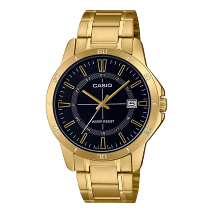 ساعة كاسيو الرجالية بـ سوار ستانلس ستيل ذهبي مينا سوداء - موديل  CASIO MTP-V004G-1C