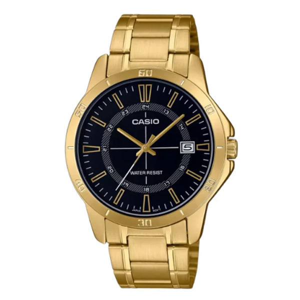 ساعة كاسيو الرجالية بـ سوار ستانلس ستيل ذهبي مينا سوداء - موديل  CASIO MTP-V004G-1C
