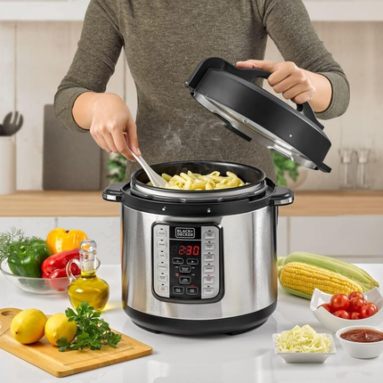 طنجرة ضغط كهربائية ذكية 7 بـ 1 مع 12 برنامج للطبخ بحجم 6 لتر وقوة 1000 واط من Black & Decker