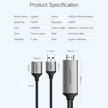 محول يوجرين USB-A أنثى إلى HDMI ذكر / CM151 - 50291