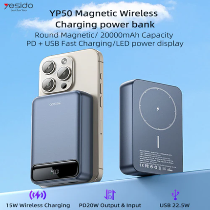 باوربانك بسعة 20000mAh – شحن سريع 35 واط مع شحن لاسلكي مغناطيسي وشاشة LED ماركة Yesido