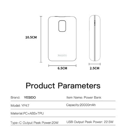 باوربانك Yesido YP47 بسعة 20000mAh – شحن سريع 22.5W وتقنية PD20W مع شاشة LED