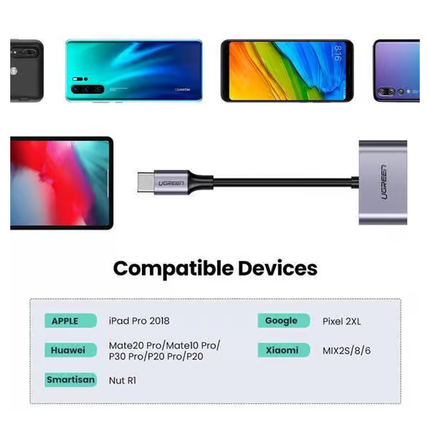 محول UGREEN ثنائي في واحد: منفذ صوت من النوع C إلى منفذ صوت من النوع C + شحن USB-C بتقنية PD | CM232 60165