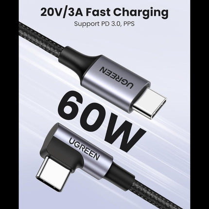 كابل بيانات UGREEN USB-C 2.0 ذكر إلى USB-C 2.0 ذكر بزاوية 90 درجة /US255