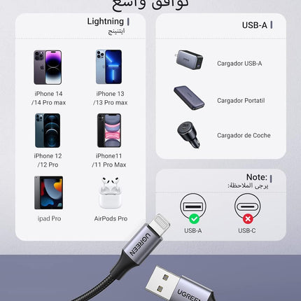 Ugreen USB-A to Lightning Charging Cable, Silver / 60163-60161