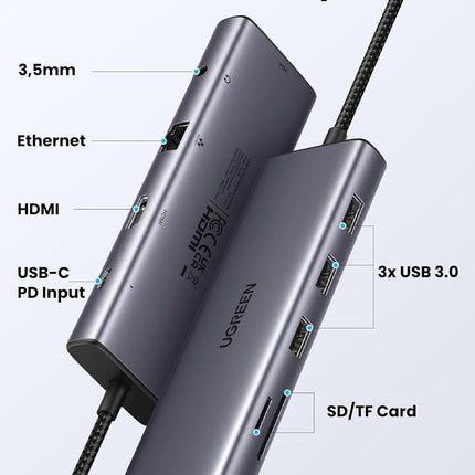 UGREEN USB-C to 3*USB 3.0 A+HDMI 4K@30Hz;2K@60HZ;1080P@120Hz + VGA + RJ45 + SD/TF + 3.5mm Audio + PD Adapter