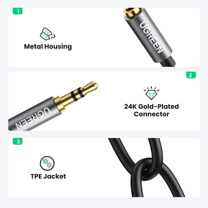 موزع سماعة رأس UGREEN 3.5 مم صوت ستيريو Y موزع كابل تمديد Aux ذكر إلى أنثى محول مقبس سماعة رأس مزدوج لسماعات الأذن / 10532