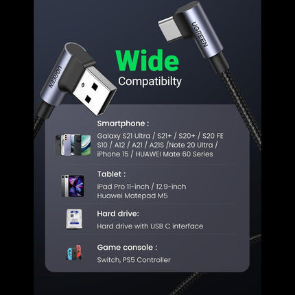 كابل بيانات UGREEN بزاوية من USB-C ذكر إلى USB 2.0 A ذكر بزاوية 3 أمبير (زاوية 90 درجة) / US176