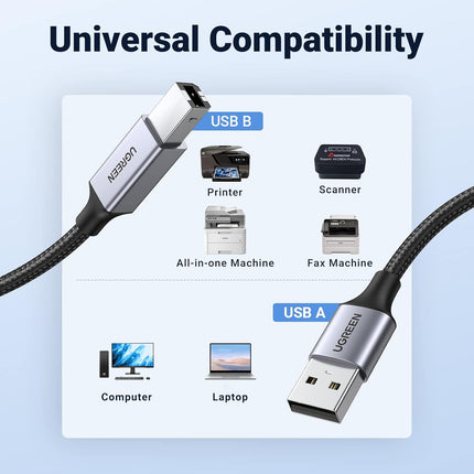 كابل طابعة من يوجرين كيس USB A ذكر إلى USB B 2.0 مع مضفر أسود /US369