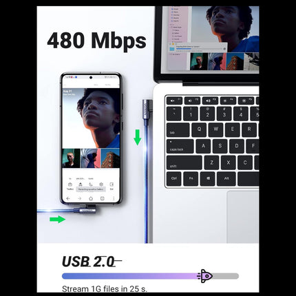 كابل بيانات UGREEN بزاوية من USB-C ذكر إلى USB 2.0 A ذكر بزاوية 3 أمبير (زاوية 90 درجة) / US176