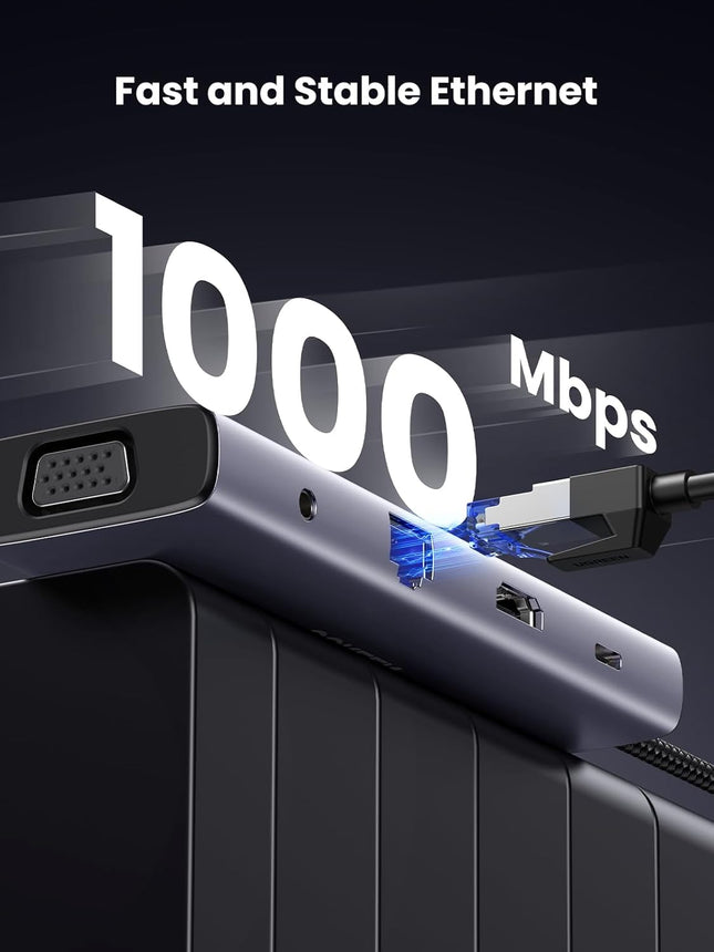UGREEN USB-C to 3*USB 3.0 A+HDMI 4K@30Hz;2K@60HZ;1080P@120Hz + VGA + RJ45 + SD/TF + 3.5mm Audio + PD Adapter