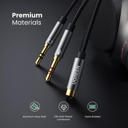 كابل صوت UGREEN 3.5 ملم أنثى إلى 2 ذكر مع هيكل من الألومنيوم (أسود)/ 20899