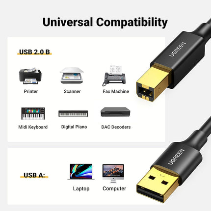 كابل طابعة Ugreen USB Type B (ذكر) - USB 2.0 (ذكر) 480 ميجابت في الثانية أسود / US135