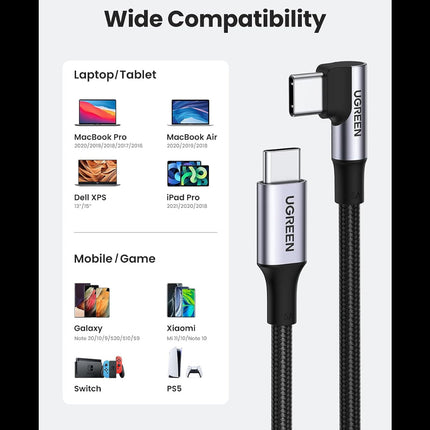 كابل شحن سريع من نوع USB-C إلى USB-C بزاوية قائمة من UGREEN بقوة 100 واط / US334