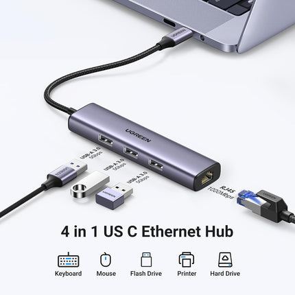 محول إيثرنت يوجرين USB-C إلى 3 منافذ USB-A 3.0 بسرعة تصل إلى 5 جيجابت في الثانية + مدخل جيجا ايثرنت / 60600