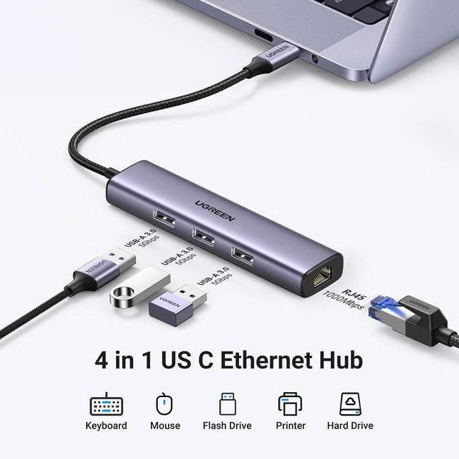 محول إيثرنت يوجرين USB-C إلى 3 منافذ USB-A 3.0 بسرعة تصل إلى 5 جيجابت في الثانية + مدخل جيجا ايثرنت / 60600
