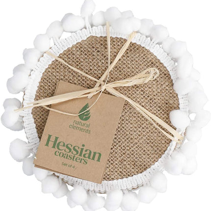 KitchenCraft Natural Elements Hessian Drink Coasters Set , 4 Pack of Woven Jute Mats with Pom Pom Decorations, 15cm NECTHESPK4 medium