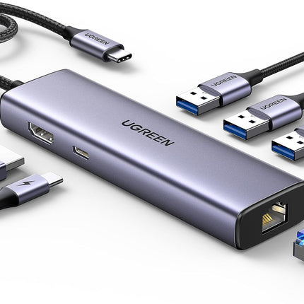 15598 / UGREEN USB-C إلى 3xUSB 3.0 A + HDMI 4K@30Hz + RJ45 Gigabit + PD محول متعدد الوظائف