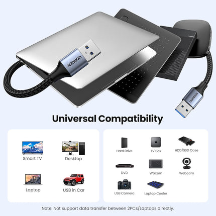 كابل يو جرين USB 3.0 USB-A ذكر إلى USB-A ذكر مضفر من الألومنيوم أسود / US373