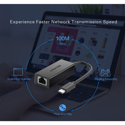 محول إيثرنت USB 2.0 Type-C يدعم سرعات 10/100/1000  من يوجرين لون أسود/30287