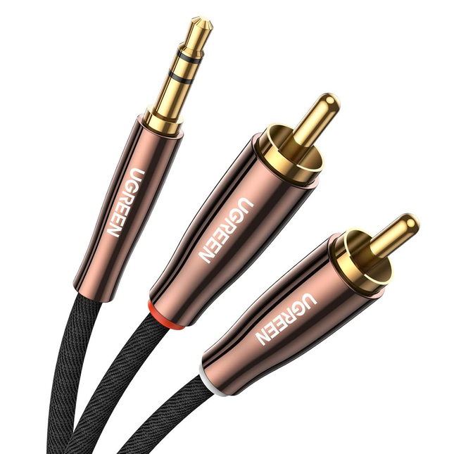 محول صوت ستيريو UGREEN من 3.5 ملم ذكر إلى 2 RCA ذكر، غلاف نحاسي مضفر، كابل AUX /AV170