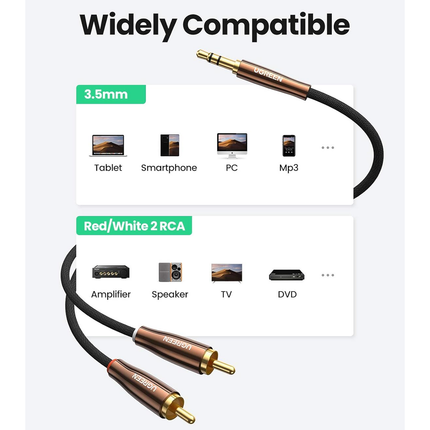 UGREEN 3.5mm Male to 2 RCA Male Stereo Audio Cable, Braided Copper Shell, AUX/AV170 Cable