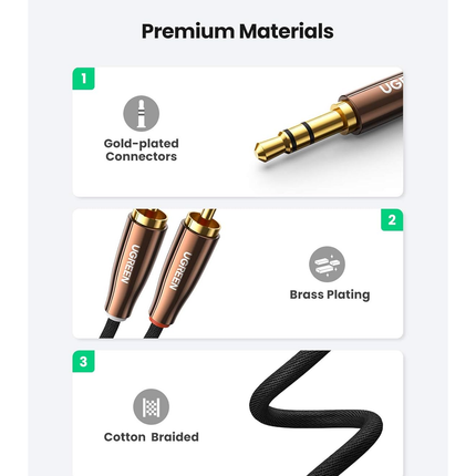 UGREEN 3.5mm Male to 2 RCA Male Stereo Audio Cable, Braided Copper Shell, AUX/AV170 Cable