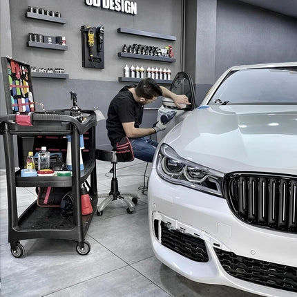 عرباية 3 طبقات تنظيف بلاستيك على عجلات لون اسود مع سطلين اضافيات