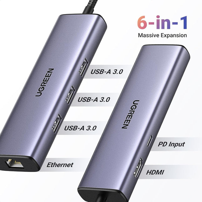 15598 / UGREEN USB-C إلى 3xUSB 3.0 A + HDMI 4K@30Hz + RJ45 Gigabit + PD محول متعدد الوظائف