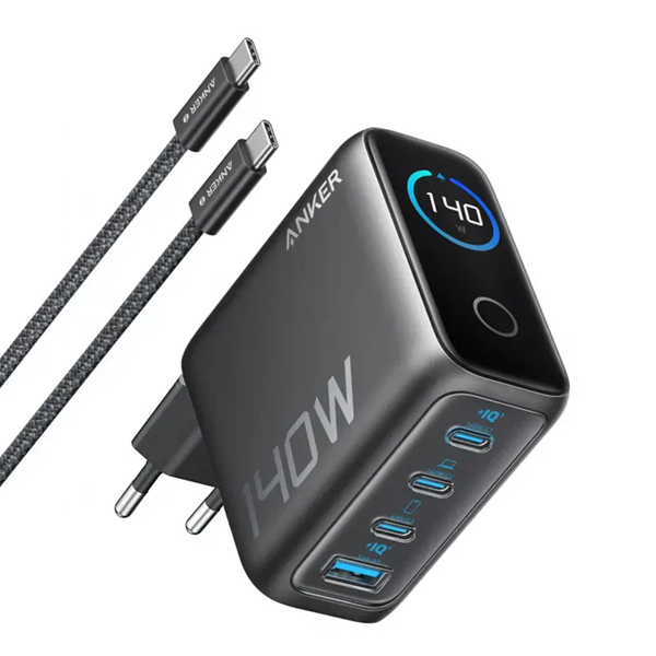 شاحن/باوربانك بقوة 140W  يأتي بـ 4 منافذ USB-C + USB-A مع كابل USB-C أصلي ماركة Anker