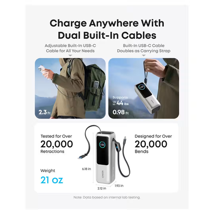 باوربانك Anker 25000mAh بقوة 165W – شاحن لابتوب سريع مع كابلات USB-C مدمجة