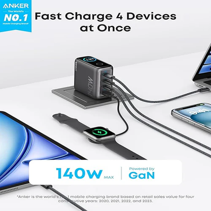 شاحن/باوربانك بقوة 140W  يأتي بـ 4 منافذ USB-C + USB-A مع كابل USB-C أصلي ماركة Anker